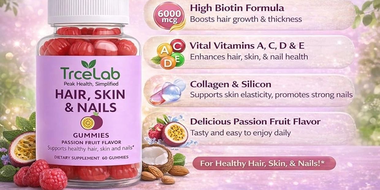 TRCELAB Hair, Skin & Nails gummies with biotin, vitamins, collagen, and passion fruit flavor.