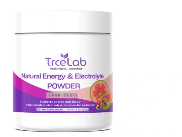 Container of TraceLab Natural Energy & Electrolyte Powder in Guava Berry flavor.