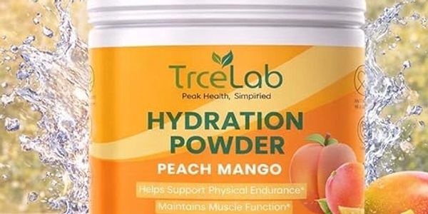 Hydration powder with electrolyte balance, endurance support, muscle function, and peach mango flavor.