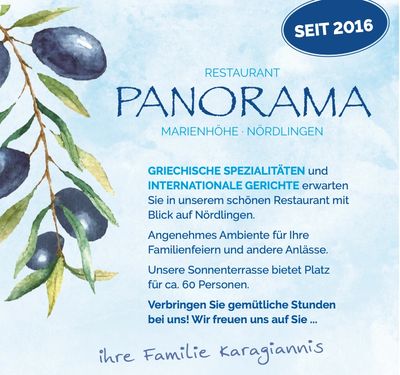 Werbung für das Restaurant Panorama in Nördlingen mit griechischen Spezialitäten.