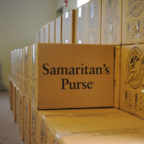 Stacked Samaritan's Purse boxes.