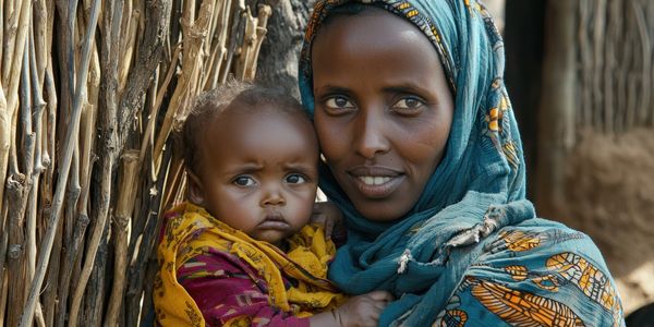 A mother holding her baby, both wearing colorful clothes.