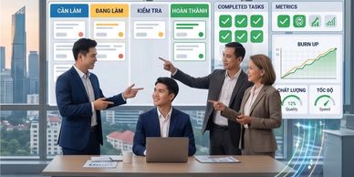 Nhóm đồng nghiệp thảo luận trước bảng kế hoạch công việc.