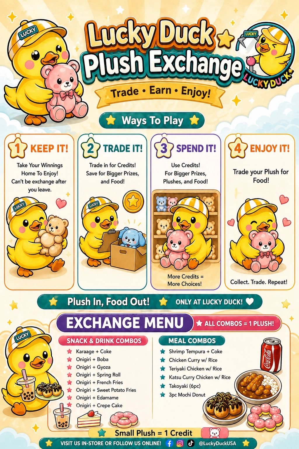 Cute Lucky Duck plush exchange guide with trading and food combos.