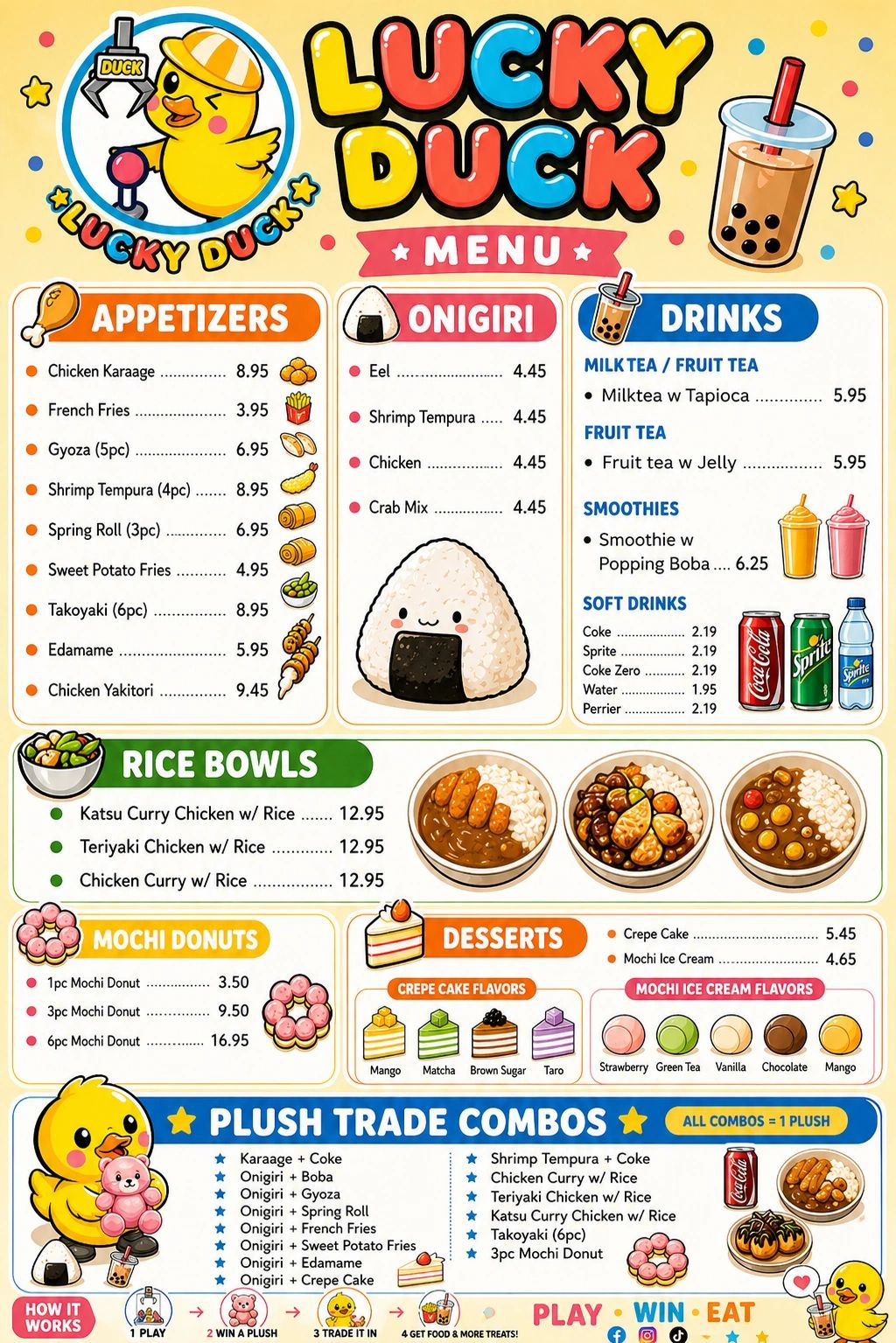 Colorful Lucky Duck menu with appetizers, rice bowls, drinks, mochi donuts, desserts, and plush trade combos.