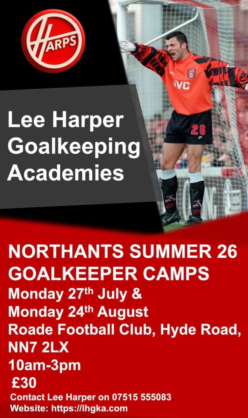 Advertisement for Lee Harper Goalkeeping Academies summer goalkeeper camps.