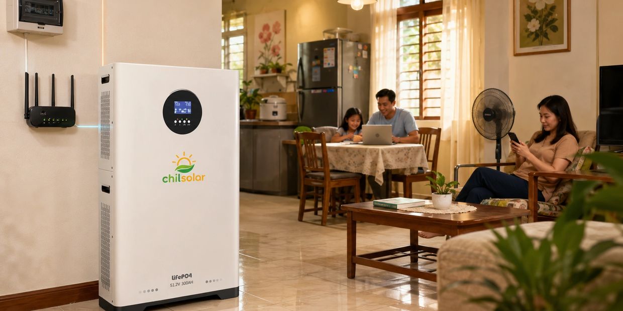 Family enjoying time in a cozy living room with a solar battery system.
