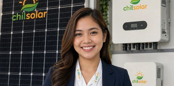 A professional sales executive stands in front of solar panels and equipment.