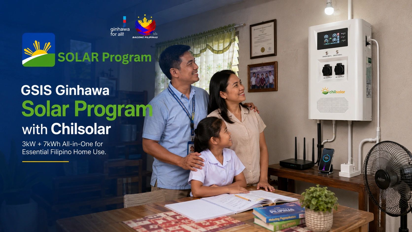 A Filipino family happily looks at their installed Chilsolar solar power system at home.