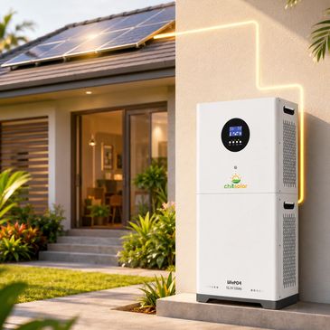 Solar power system with battery storage installed outside a modern home.