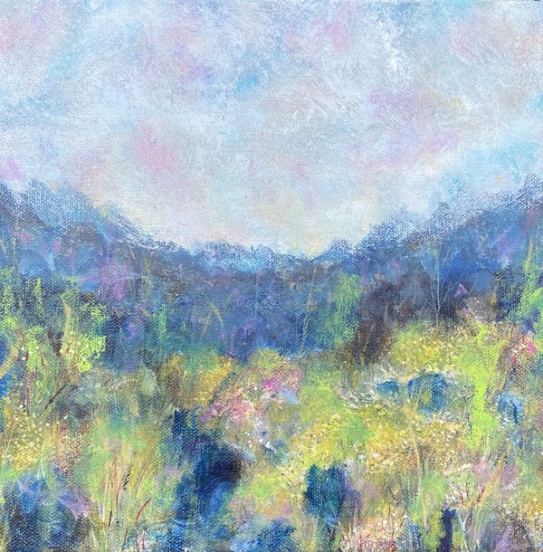 Impressionistic landscape painting with mountains and wildflowers.