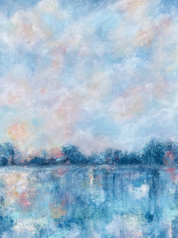 Impressionist painting of a serene lake reflecting a cloudy sky.