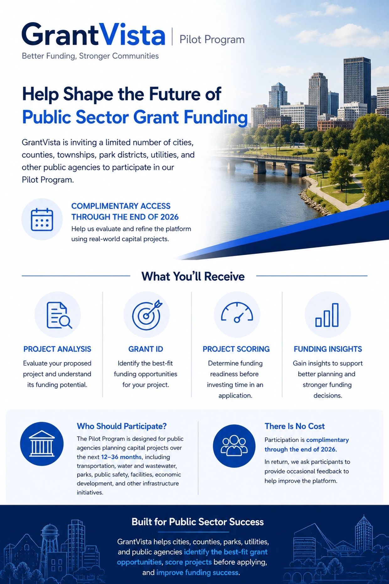 GrantVista pilot program for public sector grant funding with complimentary access till 2026.