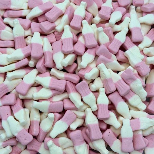 Pink and white gummy candies shaped like soda bottles.