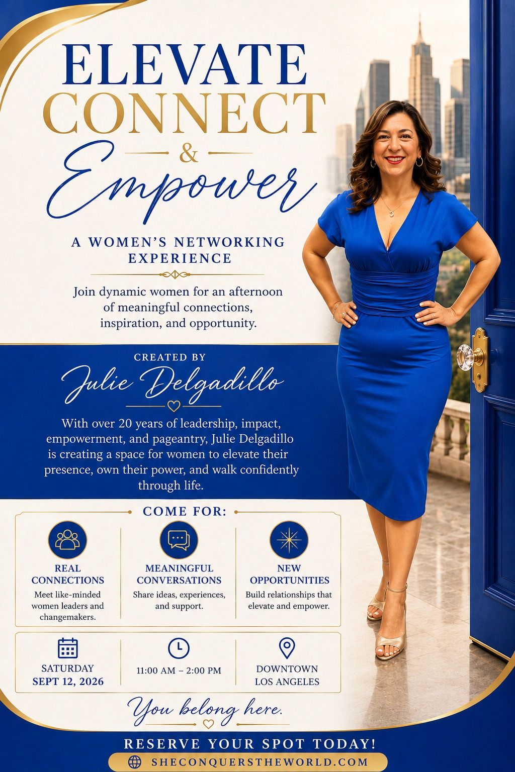 Woman in blue dress promoting a women's networking event in Los Angeles.