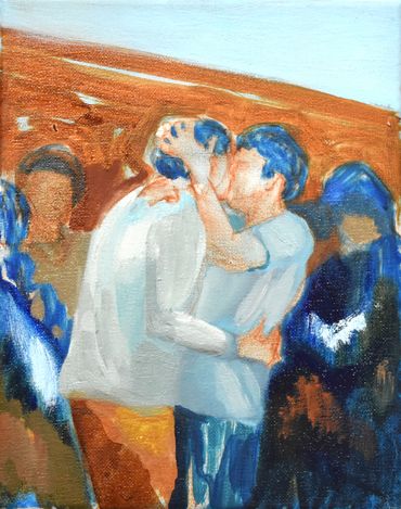Impressionist painting of two people kissing surrounded by abstract figures.