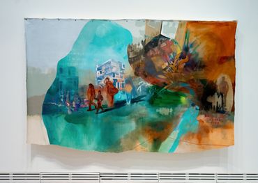 Abstract painting blending urban scenes and human figures in vibrant blues, oranges, and greens.