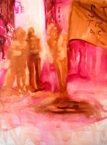 Abstract painting of figures in a pink and orange urban scene holding a banner.
