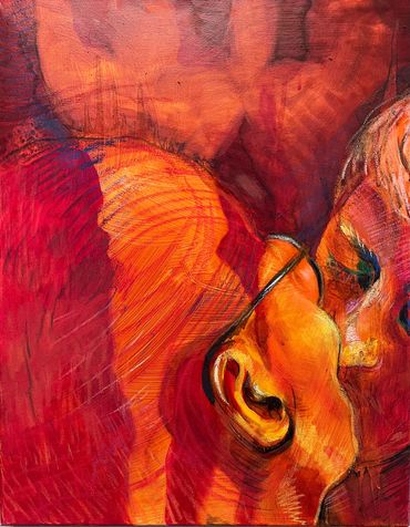 Abstract portrait with warm red and orange tones highlighting a contemplative face.