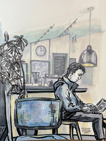 Illustration of a person working on a laptop in a cozy cafe setting.