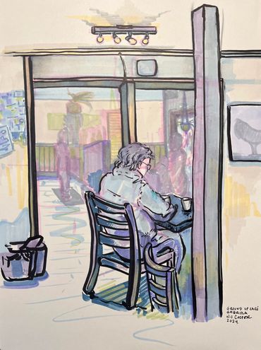 A person sitting alone at a café table, sketch style.