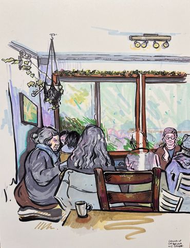 Illustration of people conversing in a cozy cafe with large windows and hanging plants.