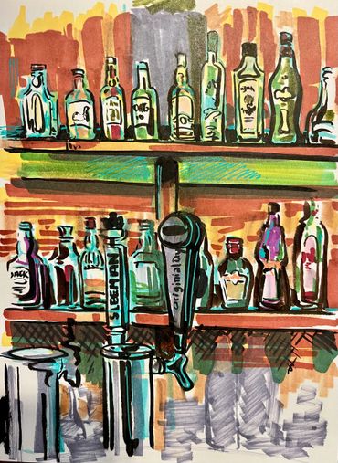 Colorful marker drawing of a bar shelf with bottles and beer taps.