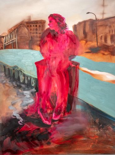 A red-hued figure sits pensively on a teal bridge against a blurred urban backdrop.