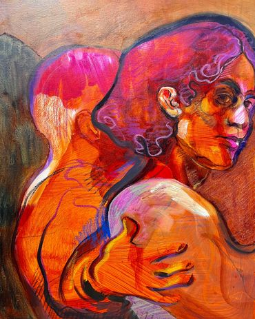 Abstract painting of a person with vivid colors and a mirrored back figure.