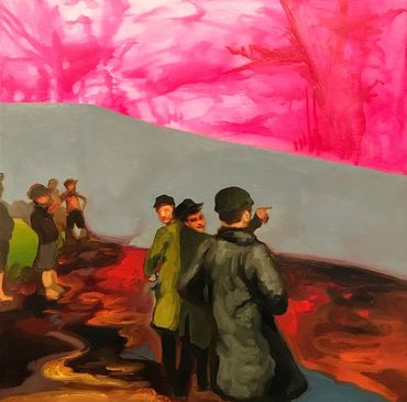 A group of people stand near a vibrant pink and red landscape, some looking and pointing.