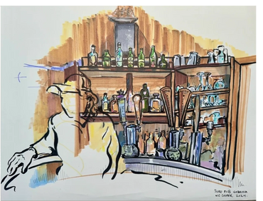 Sketch of a bar interior with bottles, taps, and a person wearing a cap.