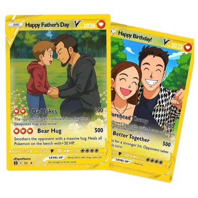 Two custom Pokémon cards celebrating Father's Day and a birthday with heartfelt themes.