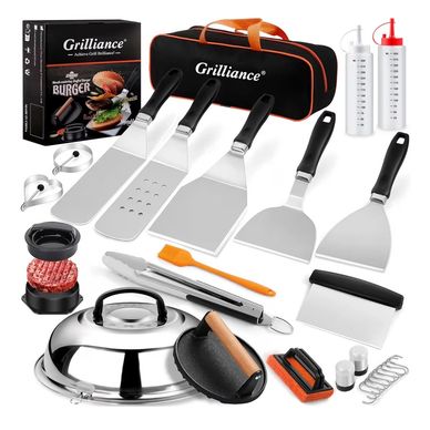 Complete Grilliance BBQ tool set with spatulas, tongs, and accessories.