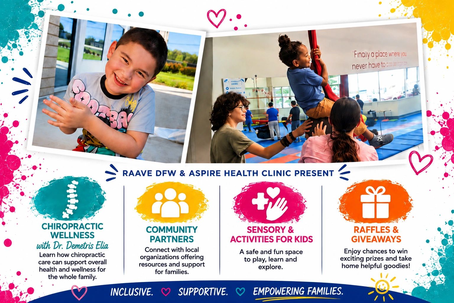 Family wellness event promoting chiropractic care, community support, kids activities, and giveaways.