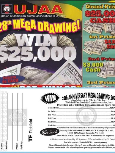 Flyer for UJAA's $25,000 mega drawing with multiple cash prizes.