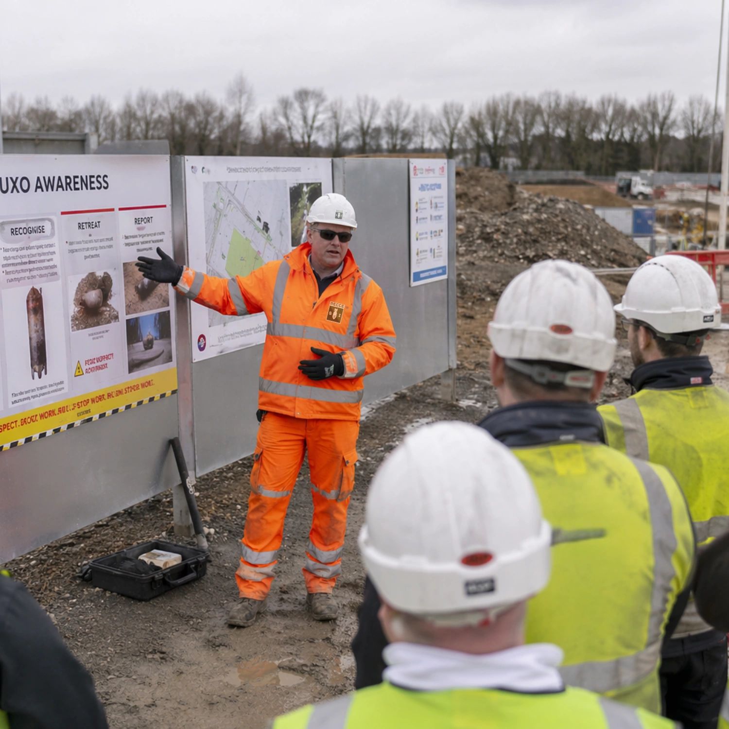 Construction worker in orange safety gear briefing others on UXO awareness at a worksite.