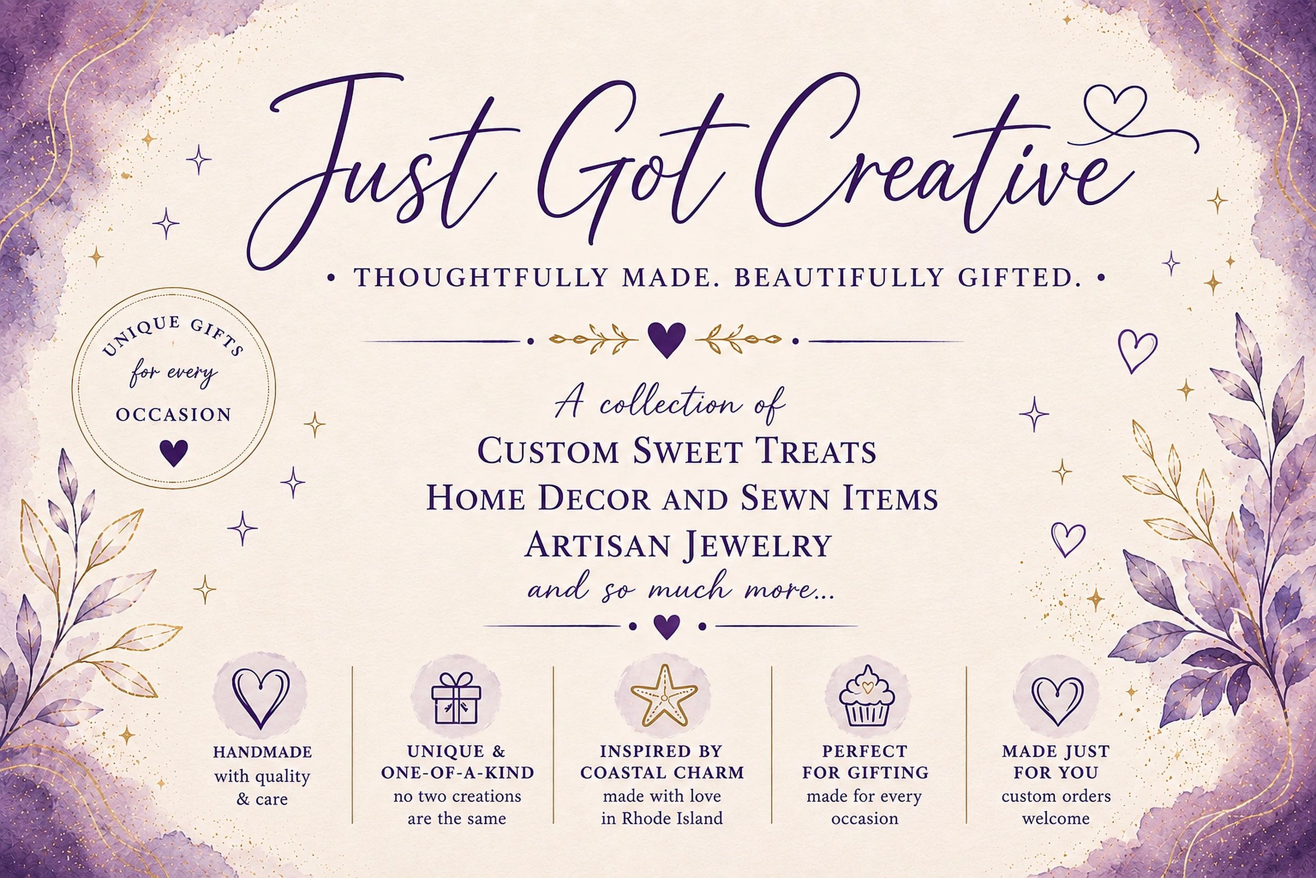 Elegant promo for Just Got Creative's unique handmade gifts.