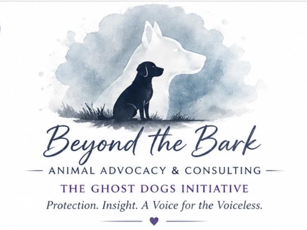Logo of Beyond the Bark animal advocacy with ghost dog imagery.
