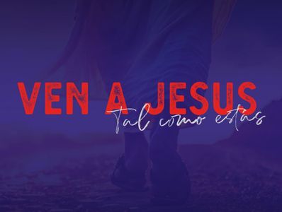 Text inviting to come to Jesus as you are, with a background of feet walking.