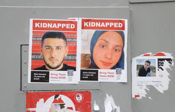 KIDNAPPED FROM ISRAEL HOSTAGES Posters at 23rd at M Street, NW, Washington DC on 1 December 2023 