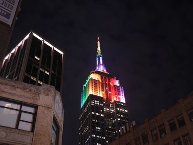 View of Empire State Building from Broadway at West 30th Street in NYC on Sunday night, 25 June 2023