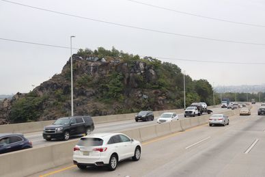 View from Mega Bus window along Lincoln Tunnel Exit Road in Secaucus, NJ on Monday, 4 October 2021 