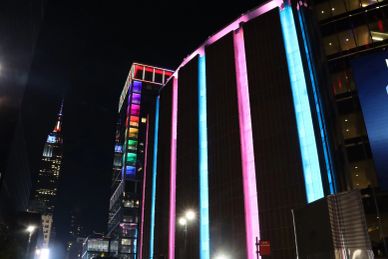 Pride Illuminations at Penn District NYC on Sunday night, 28 June 2026