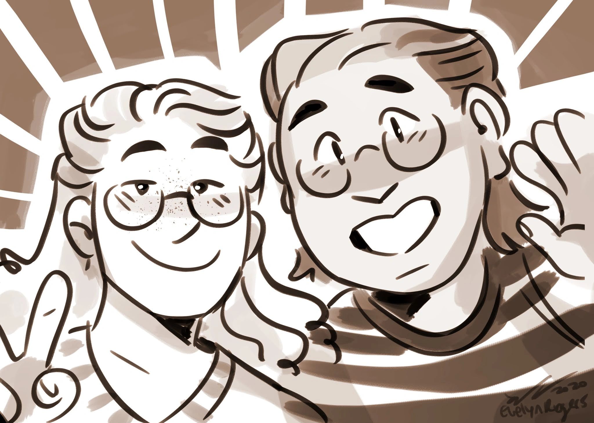 Cartoon drawing of a woman and man. Both are wearing glasses and striped shirts and waving.
