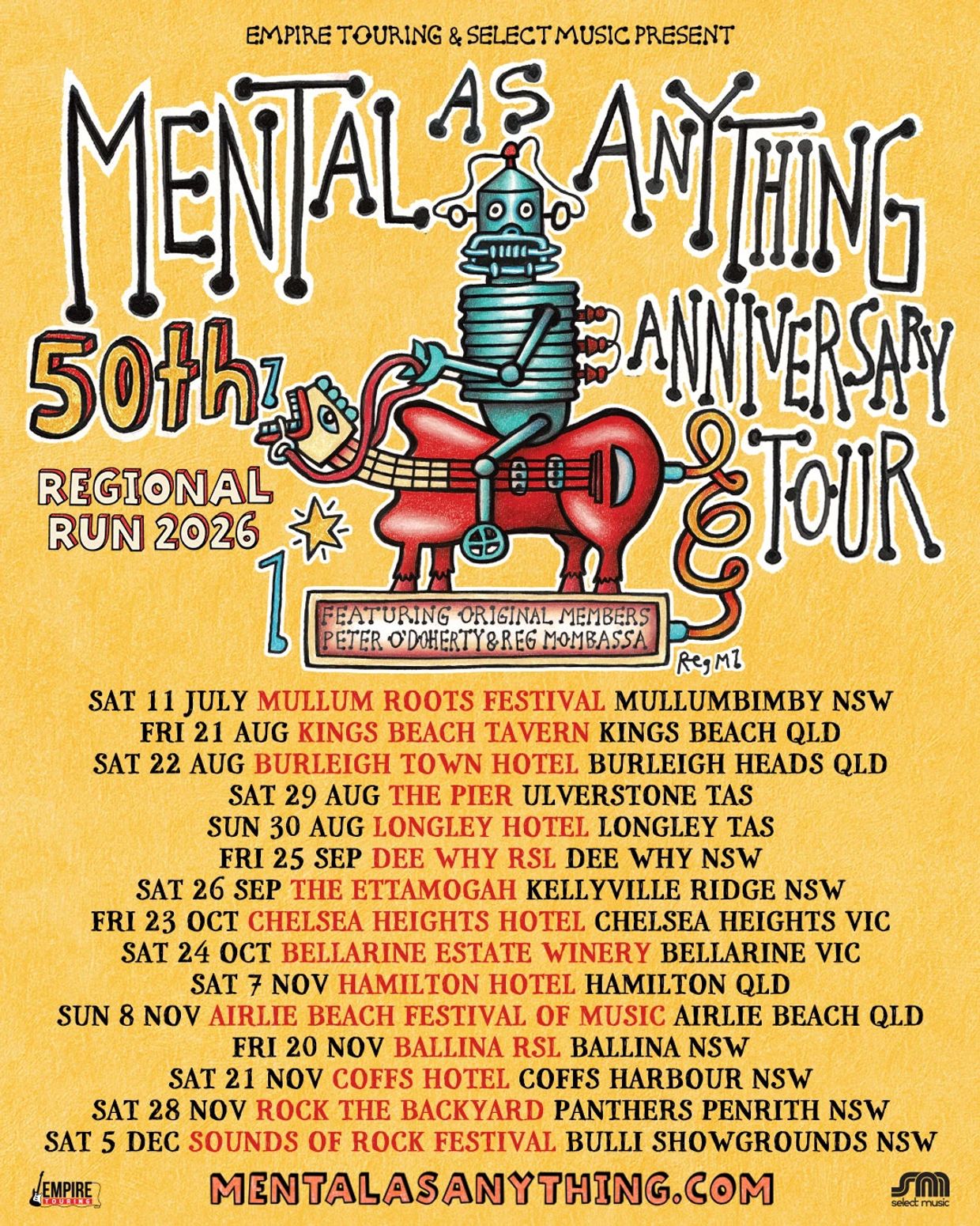 Mental As Anything 50th Anniversary Regional Tour 2026 poster.
