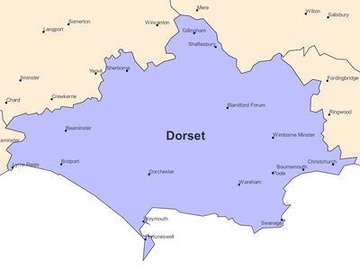 Map showing Dorset county and surrounding areas in England.