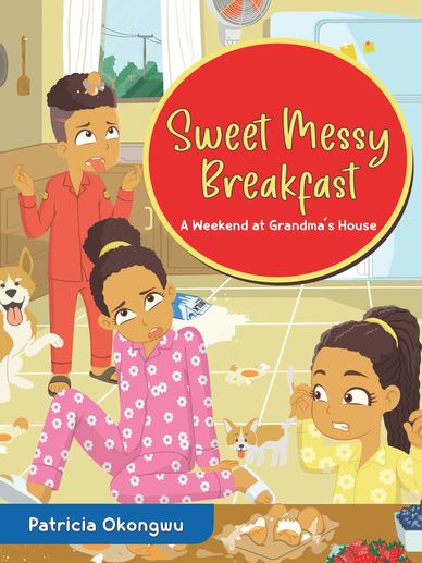 Children in pajamas dealing with a messy breakfast at grandma's house.