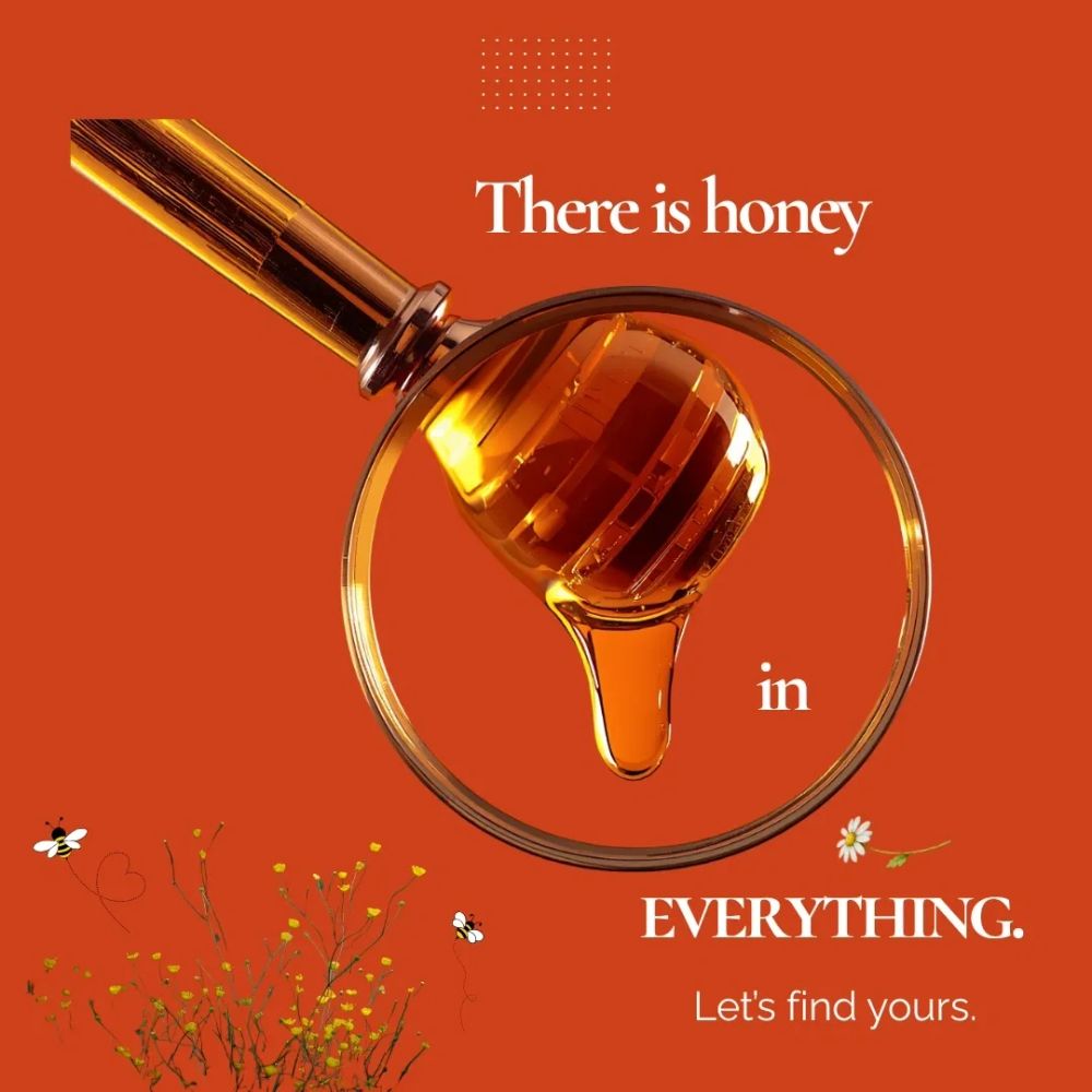 Magnifying glass over a drop of honey with an inspirational thought. 