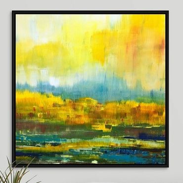 Framed gold and teal abstract landscape painting original wall art canvas art mid century modern art