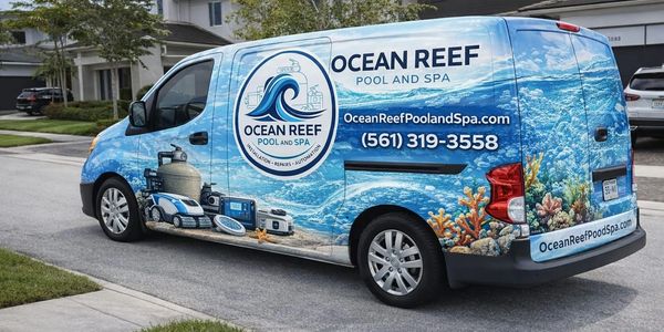 Ocean Reef Pool and Spa service van with underwater-themed wrap and contact details.